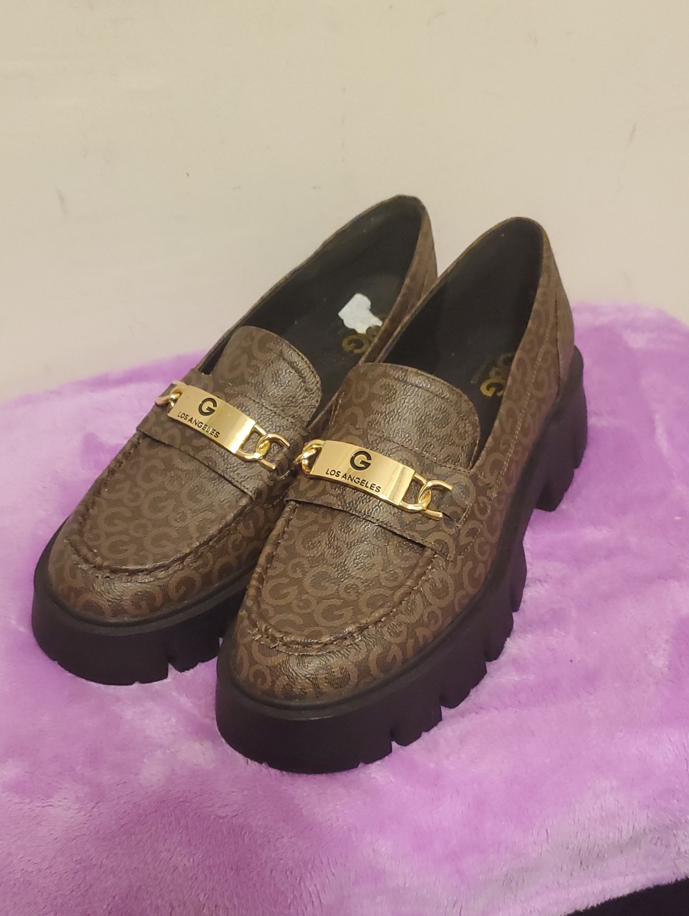 GBG Los Angeles Brown Monogram Chunky Loafers with Gold Hardware